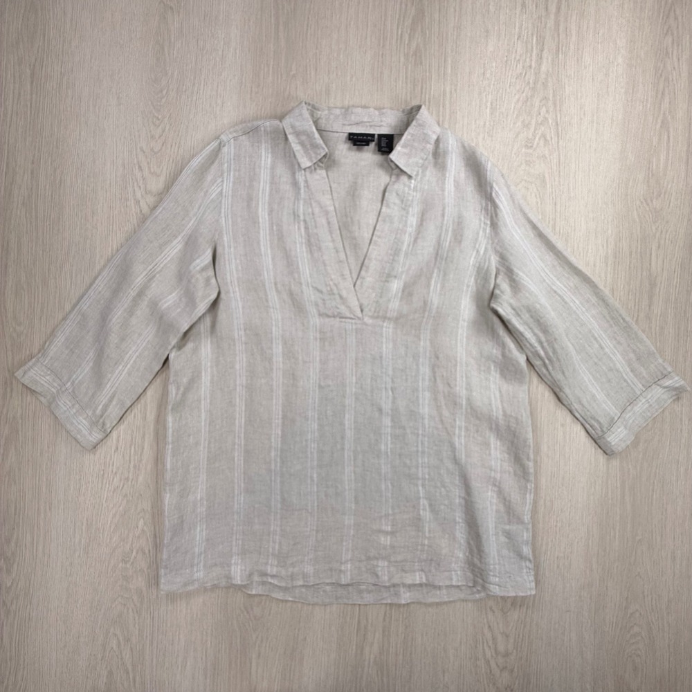 Linen Tunic Tahari Womens Medium Beige Striped V-Neck 3/4 Sleeve Top